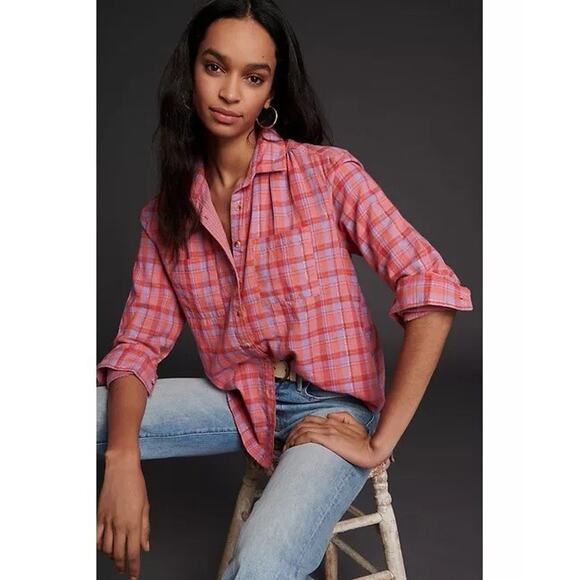 Anthropologie Tops - Seen Worn Kept Pink Plaid Hi-Lo Hem Button Front Shirt Blouse Size 4 Cotton
